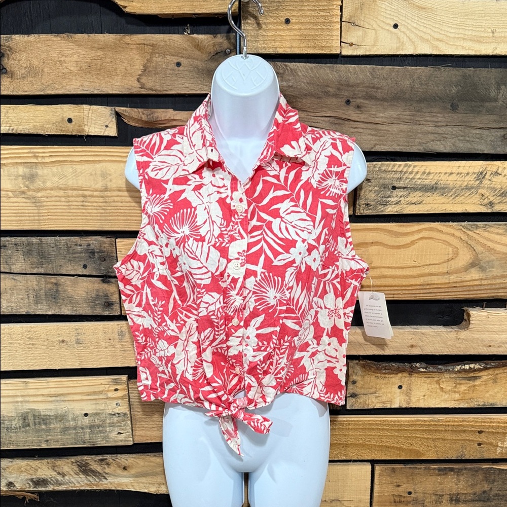 Jones New York Sport Coral Tropical Print Linen Blend front tie sleeveless top L